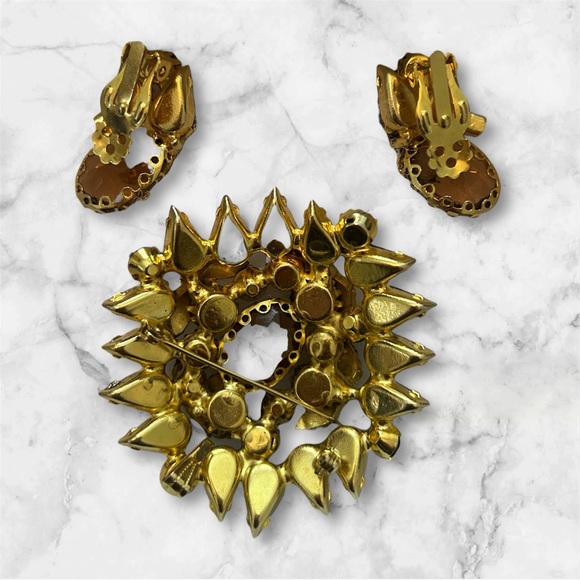Vintage Juliana Brooch & Earring Set - Amber Topaz Rhinestone Gold Leaf - Picture 2 of 2
